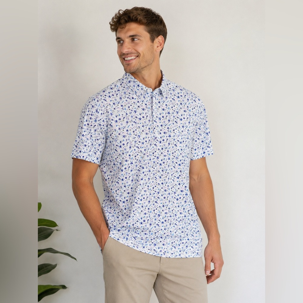 1764 Golf Polo Shirt Mens Large White Blue BBQ Grill Print Performance Stretch